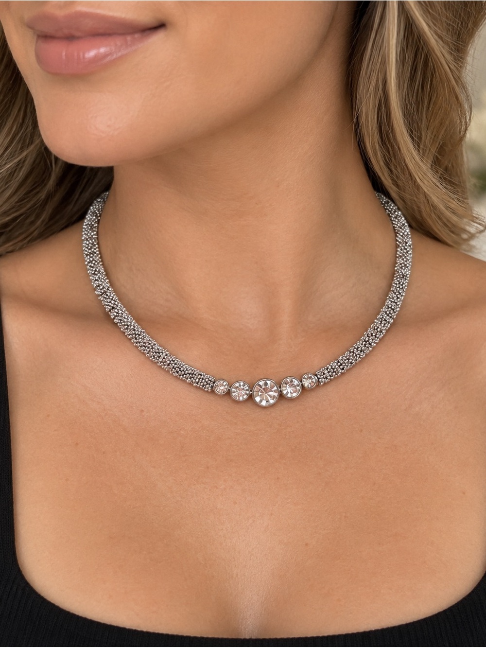 Choker Mesh Bead Silver‎ Tone Crystal Pendant Necklace